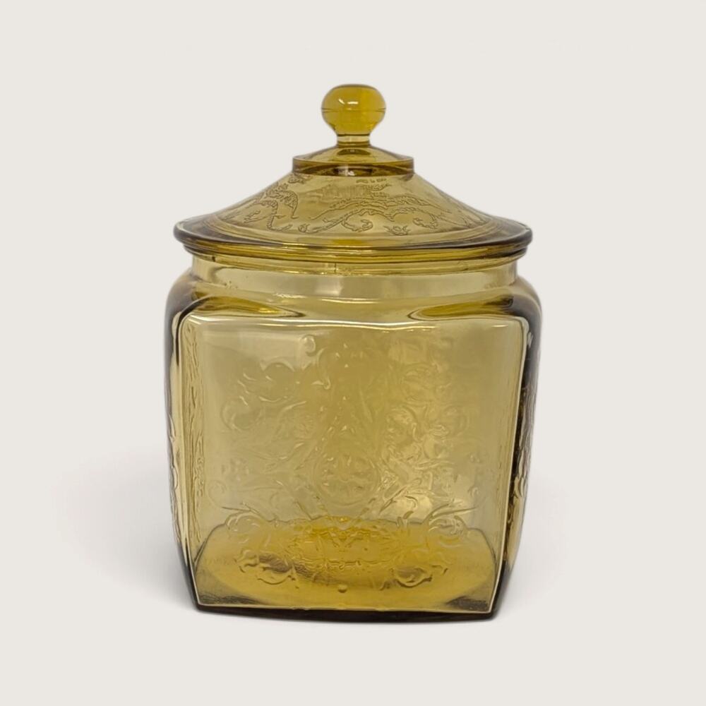 FLAWED Vintage Madrid Pattern Yellow Glass Jar with Lid